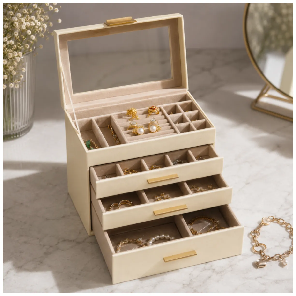 Elegancka szkatułka na biżuterię z ekoskóry beżowy organizer pojemny - obrazek 8