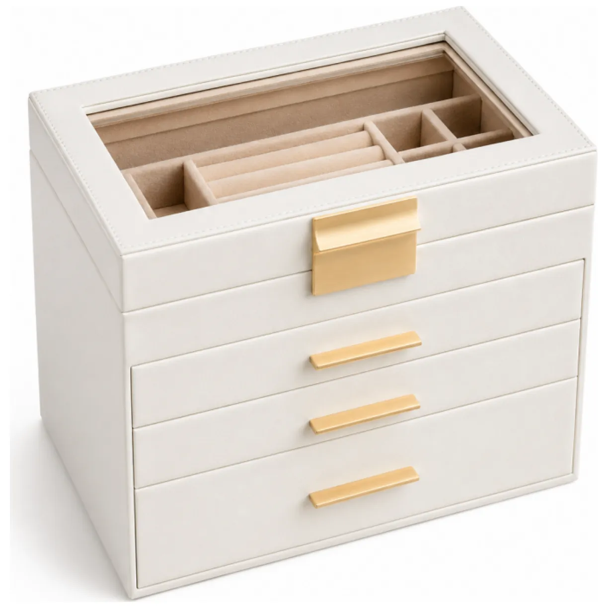 Elegancka szkatułka na biżuterię z ekoskóry beżowy organizer pojemny - obrazek 9