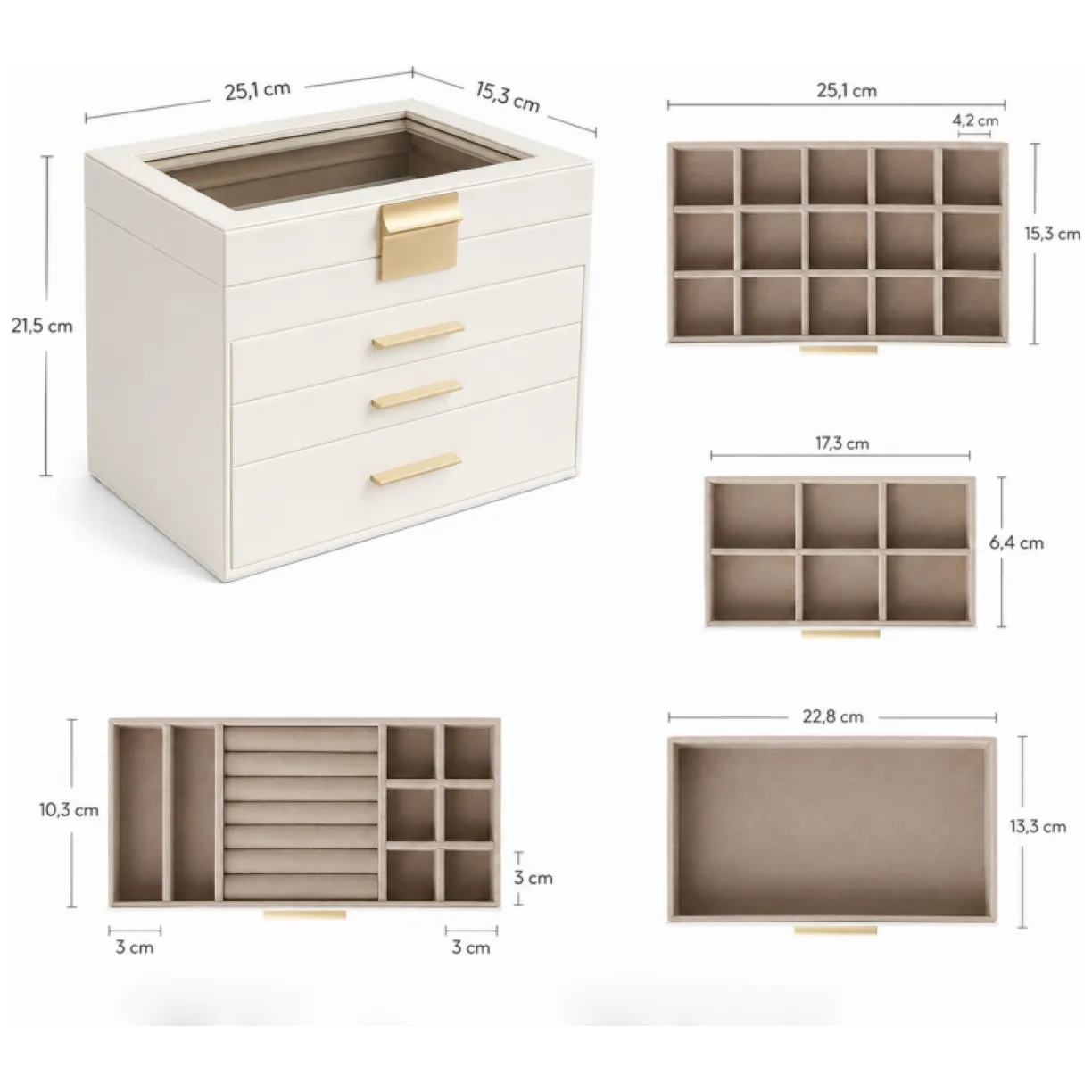 Elegancka szkatułka na biżuterię z ekoskóry beżowy organizer pojemny - obrazek 10