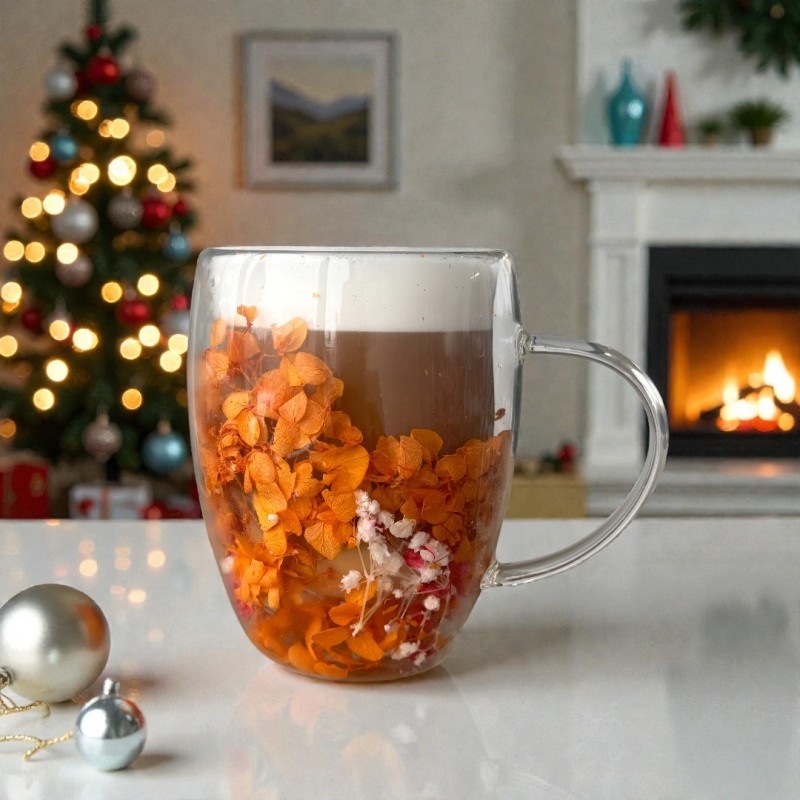 Szklanka termiczna z kwiatami w środku, gipsówka, hortensje, pomarańczowy róż 300 ml 1szt SZK196 - obrazek 2