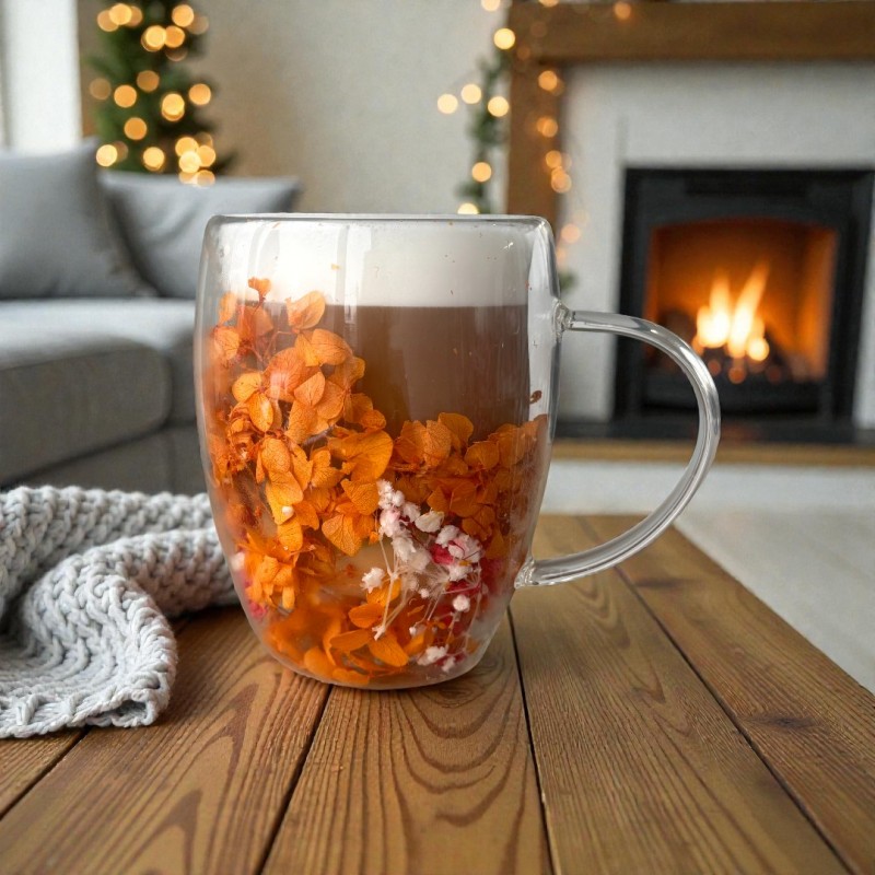 Szklanka termiczna z kwiatami w środku, gipsówka, hortensje, pomarańczowy róż 300 ml 1szt SZK196 - obrazek 3