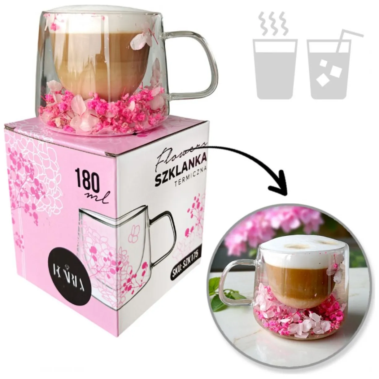 Szklanka termiczna z kwiatami w środku, hortensje 180 ml 1szt SZK175