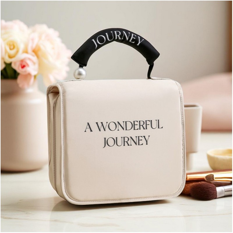 Kosmetyczka rozkładana elegancka kuferek etui z rączką kremowa KS153K - obrazek 2