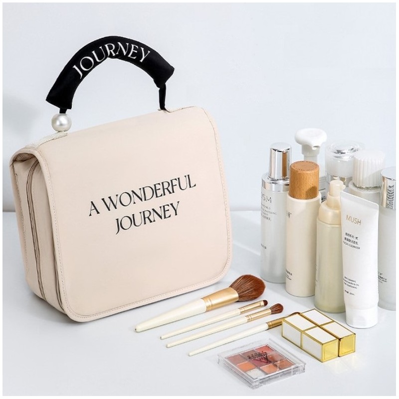 Kosmetyczka rozkładana elegancka kuferek etui z rączką kremowa KS153K - obrazek 4