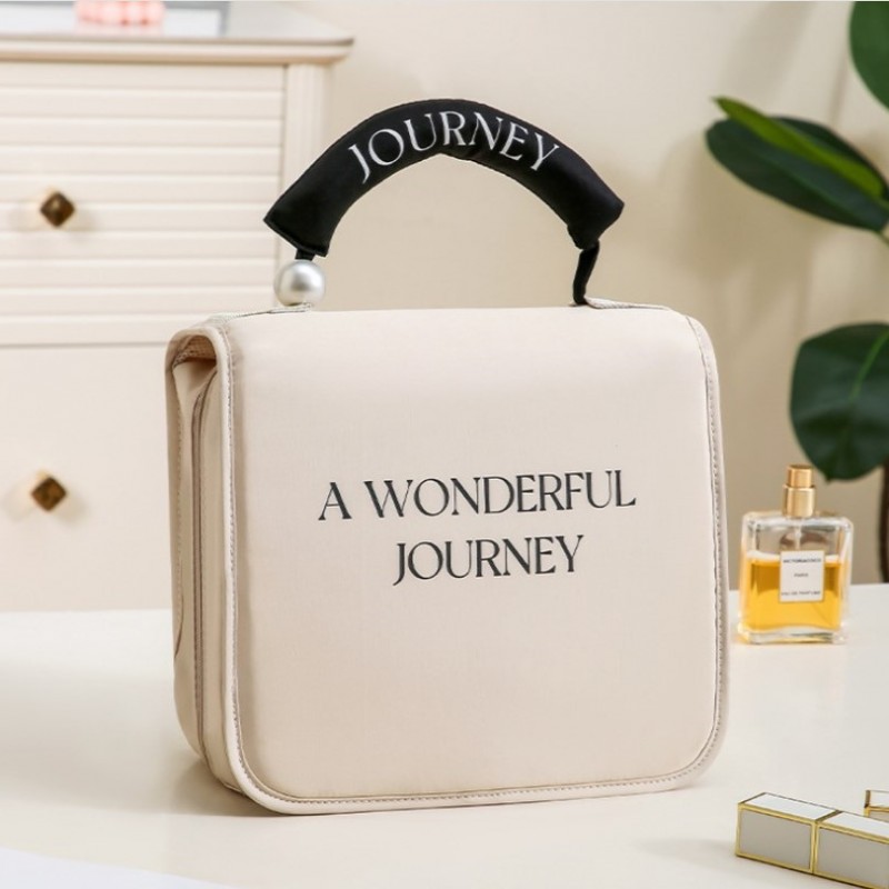 Kosmetyczka rozkładana elegancka kuferek etui z rączką kremowa KS153K - obrazek 5