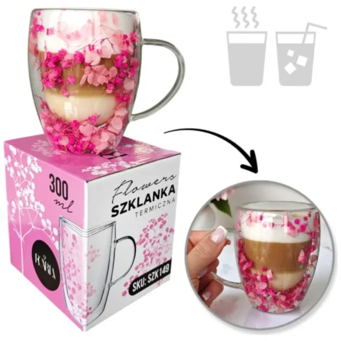 Szklanka termiczna z kwiatami w środku, gipsówka hortensje róż 300 ml 1szt SZK149