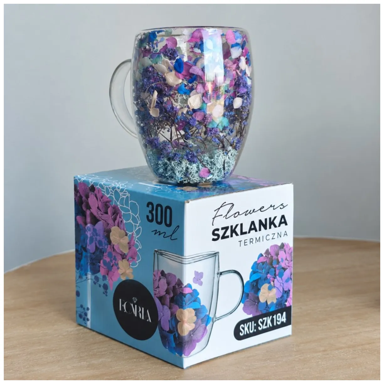 Szklana szklanka termiczna z podwójną ścianką i kwiatem w środku 300ml - obrazek 2