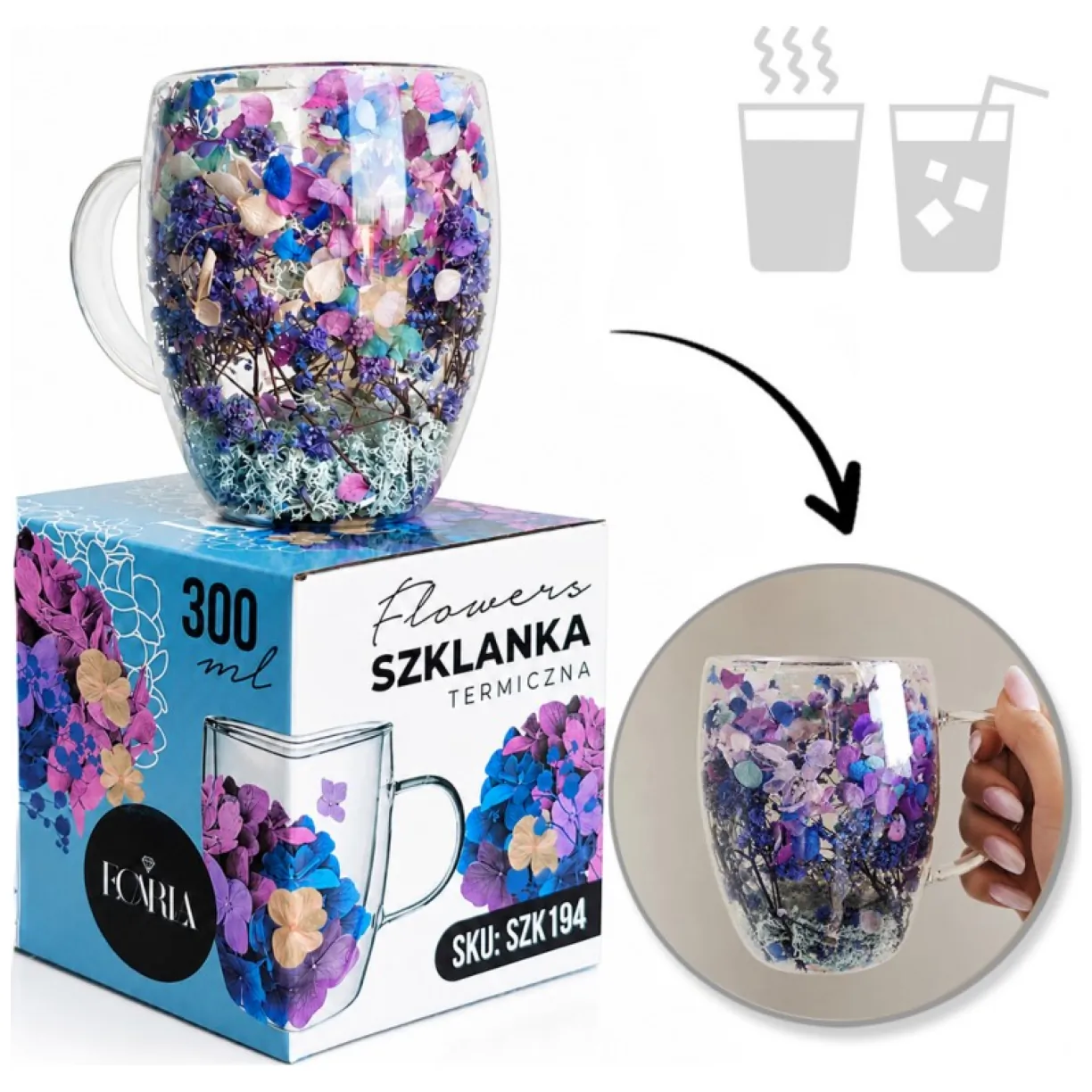 Szklana szklanka termiczna z podwójną ścianką i kwiatem w środku 300ml