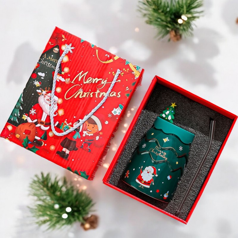 KUBEK ŚWIĄTECZNY - zestaw z silikonową pokrywką i rurką 400ml, zielony KB06ZIE - obrazek 2