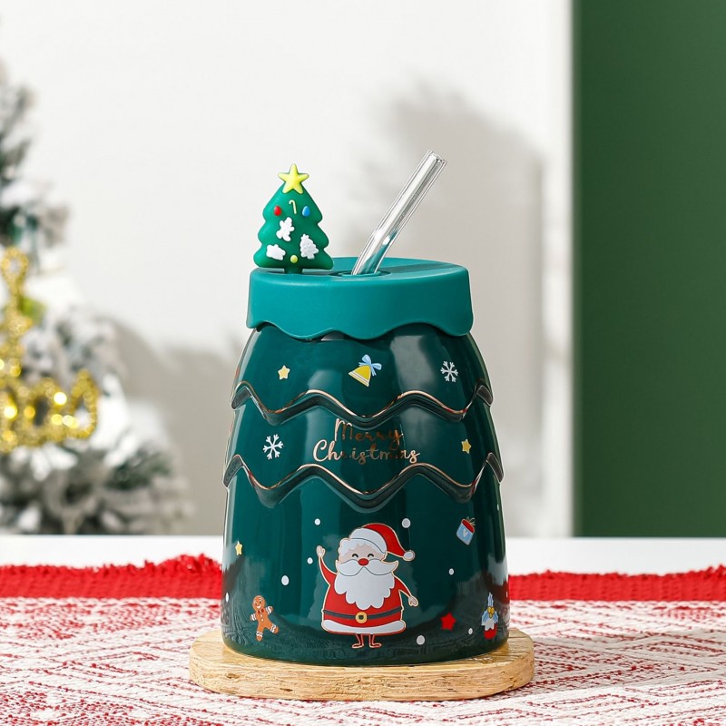 KUBEK ŚWIĄTECZNY - zestaw z silikonową pokrywką i rurką 400ml, zielony KB06ZIE - obrazek 3