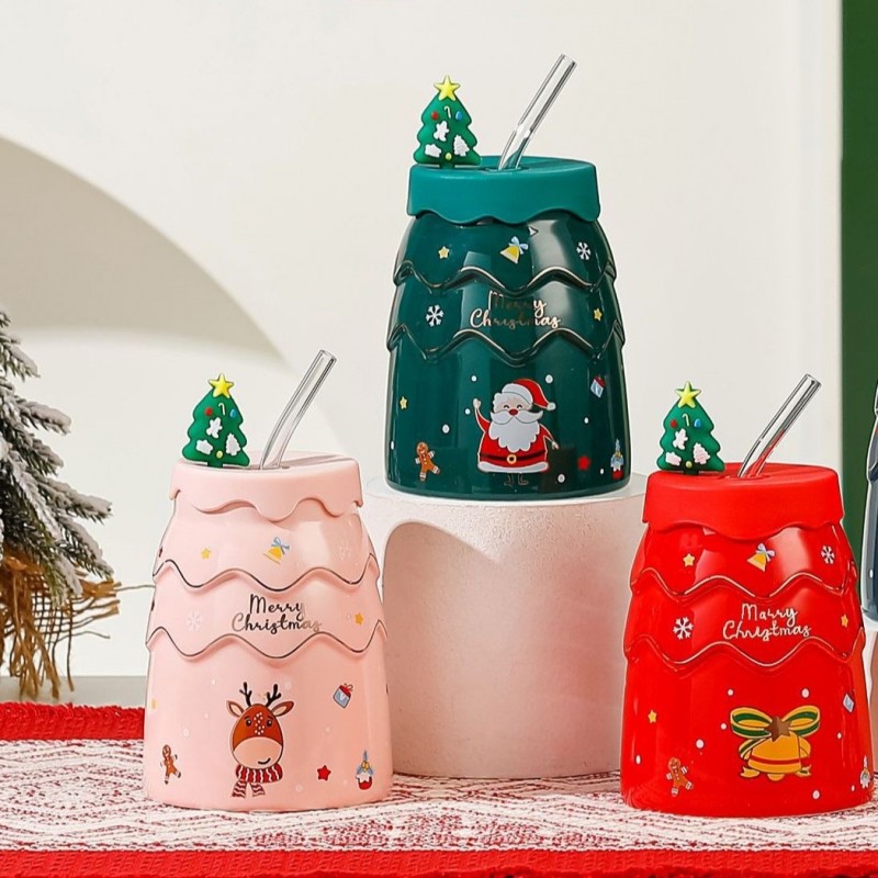 KUBEK ŚWIĄTECZNY - zestaw z silikonową pokrywką i rurką 400ml, zielony KB06ZIE - obrazek 5