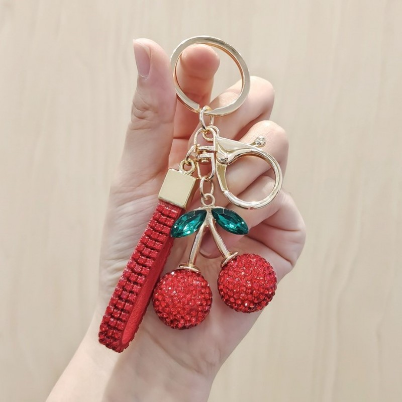 Brelok do kluczy czerwone WISIENKI z CYRKONIAMI złoty BRL365 - obrazek 3