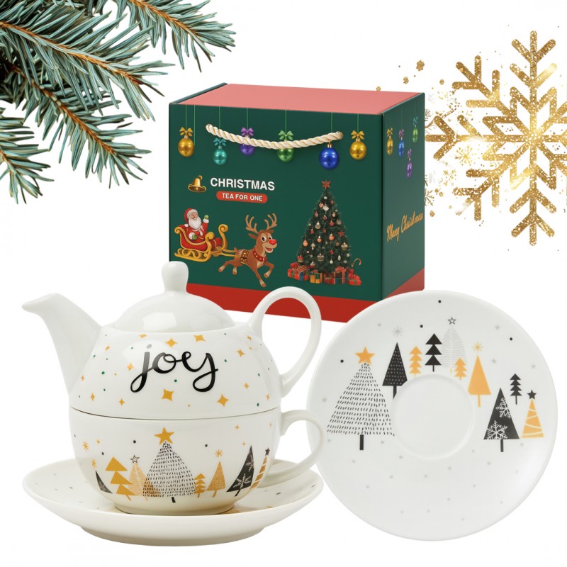 ZESTAW ŚWIĄTECZNY - dzbanek z filiżanką i talerzykiem w ozdobnym pudełku KB28