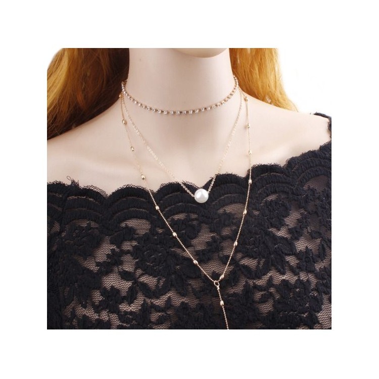 NASZYJNIK CHOKER TRZYCZĘŚCIOWY Z PEREŁKĄ I KRYSZTAŁKAMI N546 - obrazek 5