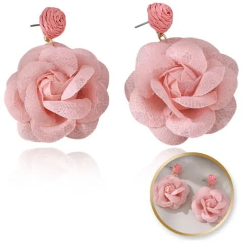 Eleganckie kolczyki wiszące, duży tiulowy kwiat róży, różowe, biżuteria antyalergiczna 6,5 cm
