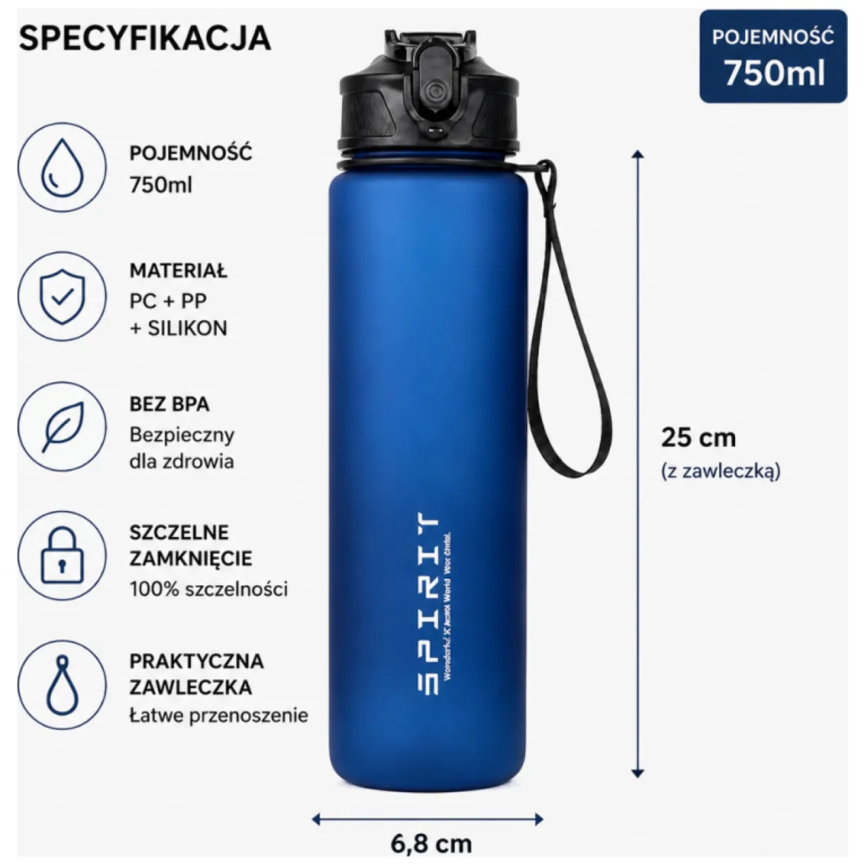 Butelka na wodę, sportowy bidon z miarką 750ML, matowy granat - obrazek 5