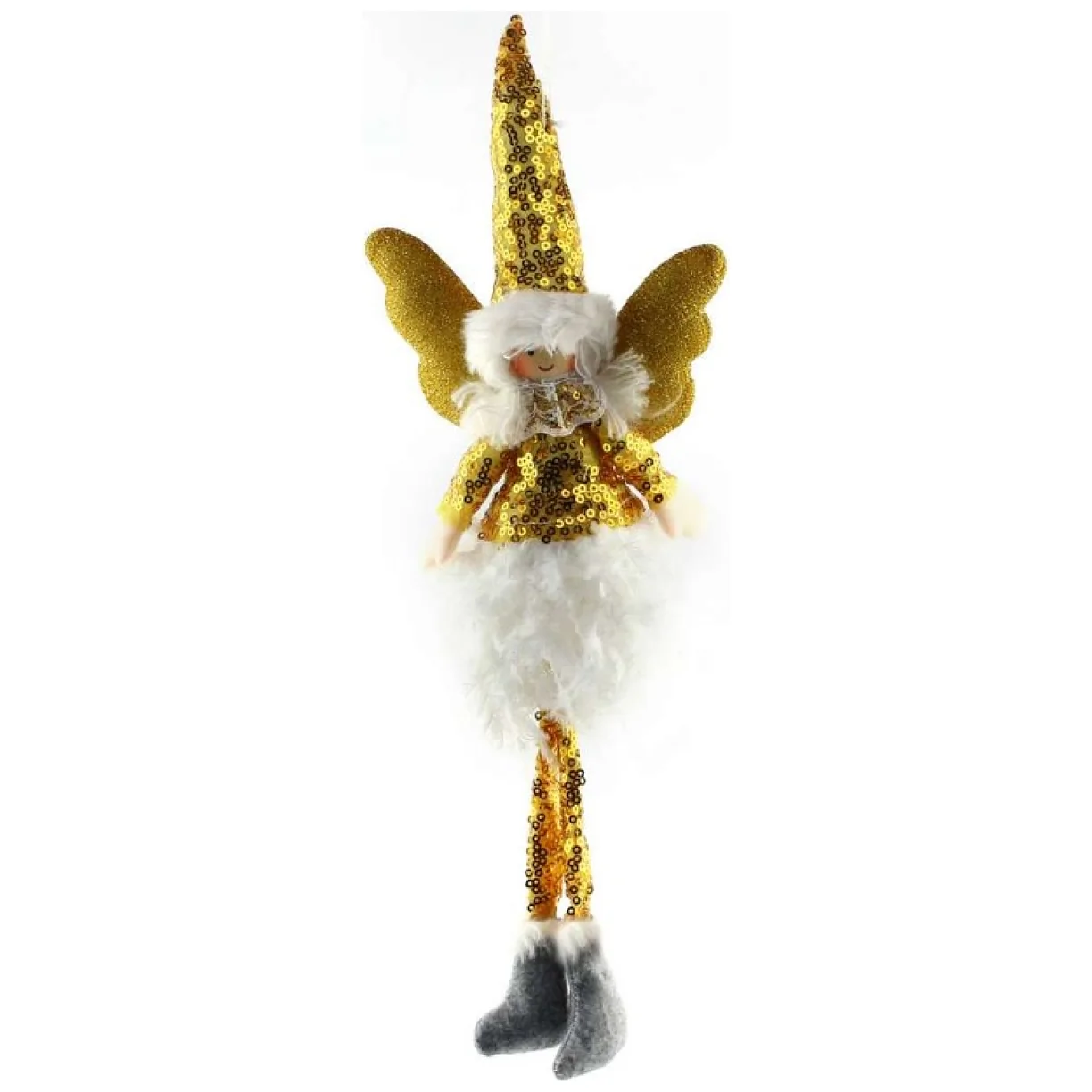 Ozdoba - anioł świąteczny siedzący z wiszącymi nóżkami, pluszowy, złoty 34 cm - obrazek 3