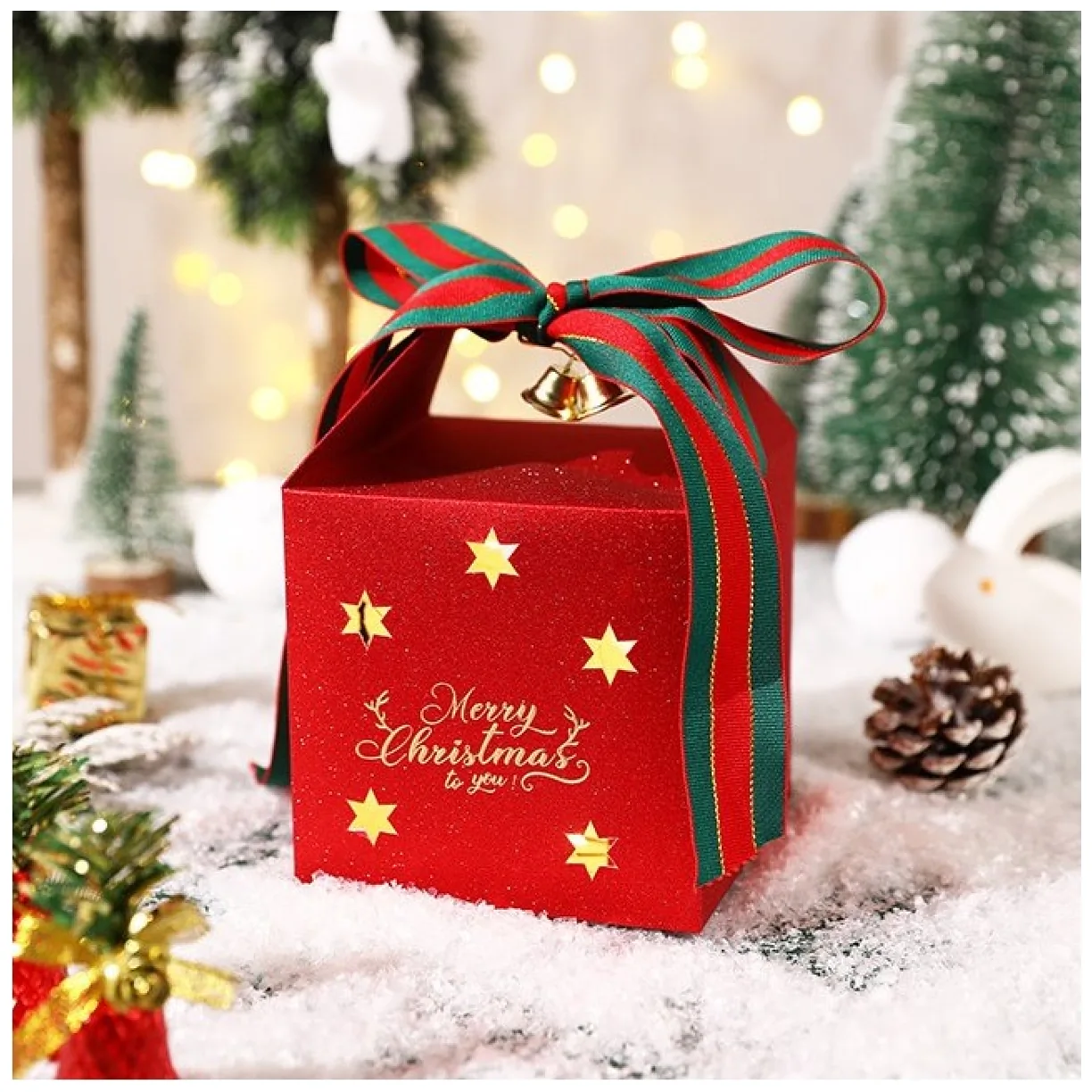Pudełko PREZENTOWE ozdobne czerwone, MERRY CHRISTMAS z kokardą 10x10x10 cm - obrazek 3