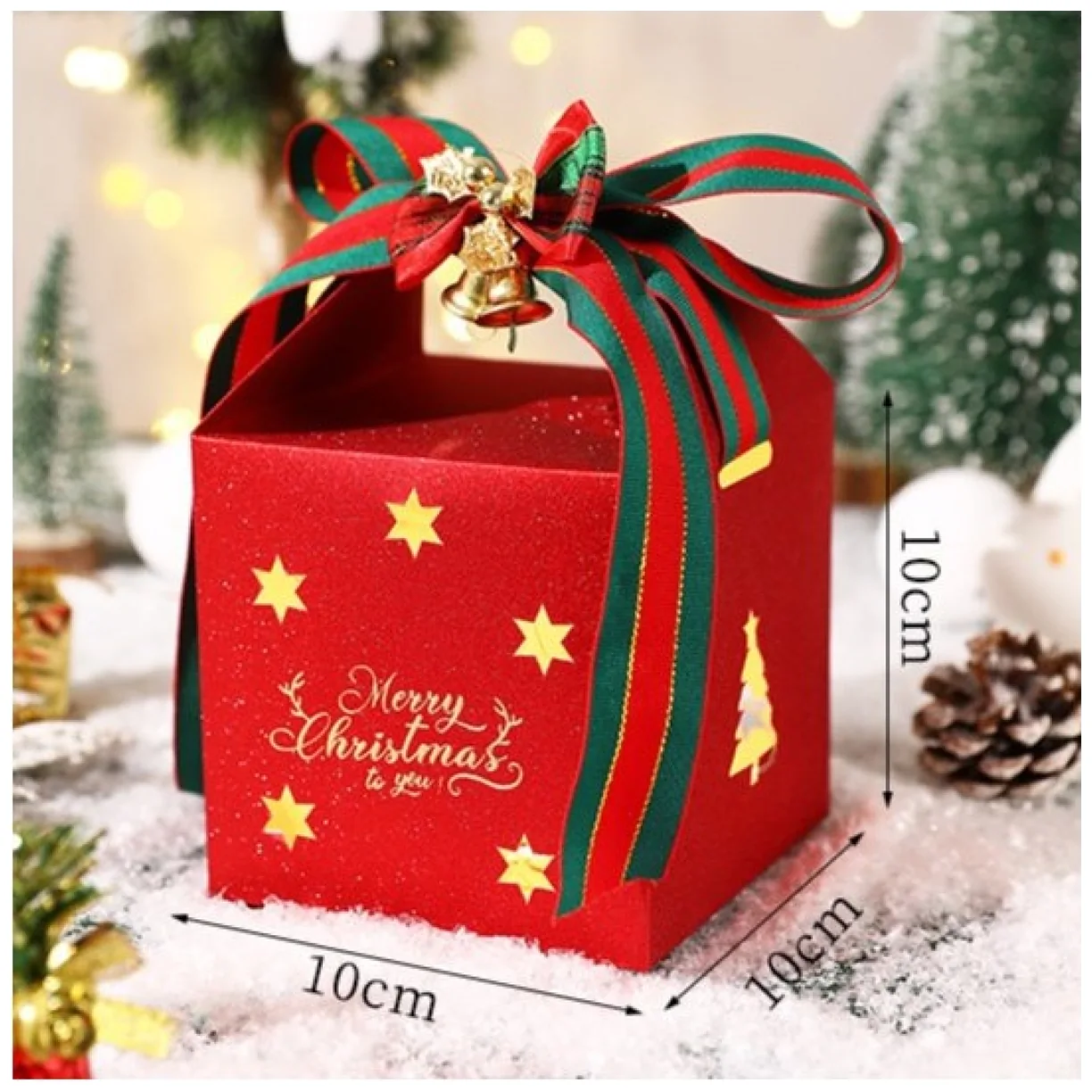 Pudełko PREZENTOWE ozdobne czerwone, MERRY CHRISTMAS z kokardą 10x10x10 cm - obrazek 6