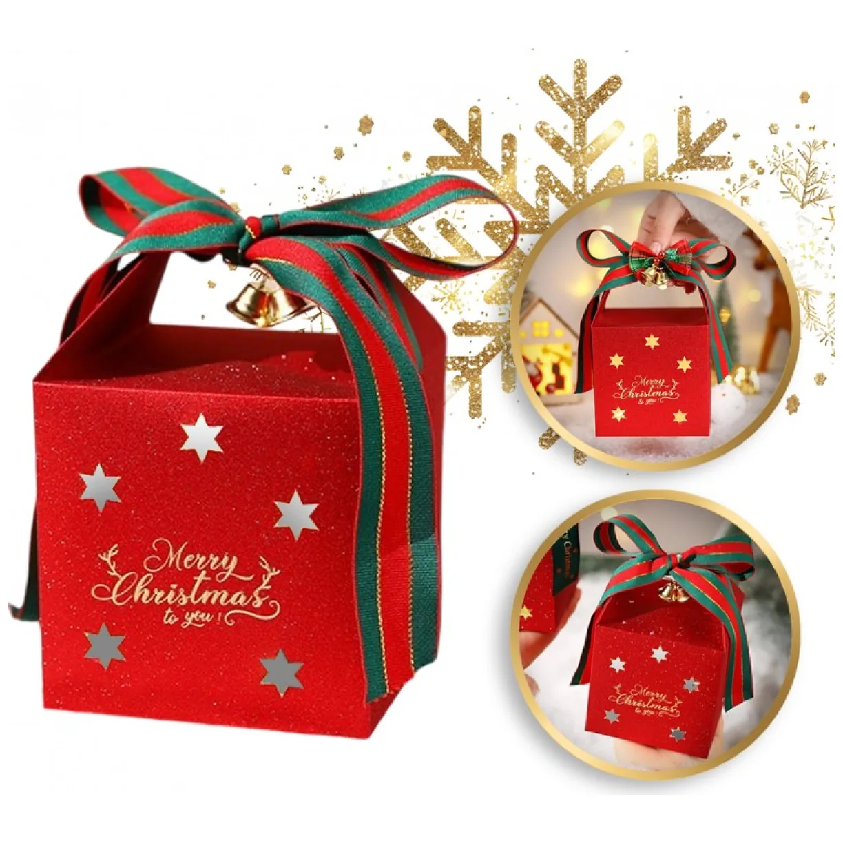 Pudełko PREZENTOWE ozdobne czerwone, MERRY CHRISTMAS z kokardą 10x10x10 cm