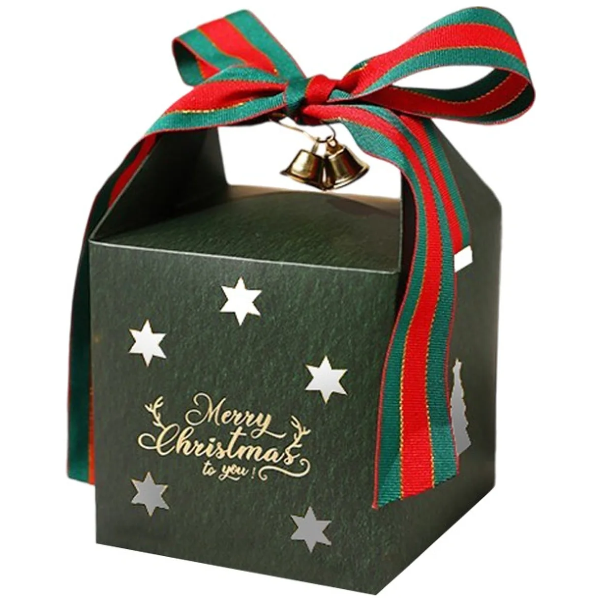 Pudełko PREZENTOWE ozdobne zielone, MERRY CHRISTMAS z kokardą 10x10x10 cm - obrazek 2