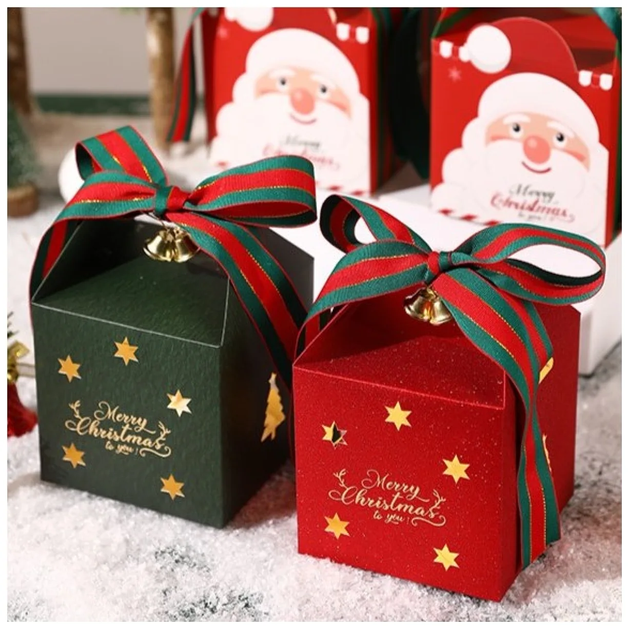Pudełko PREZENTOWE ozdobne zielone, MERRY CHRISTMAS z kokardą 10x10x10 cm - obrazek 4