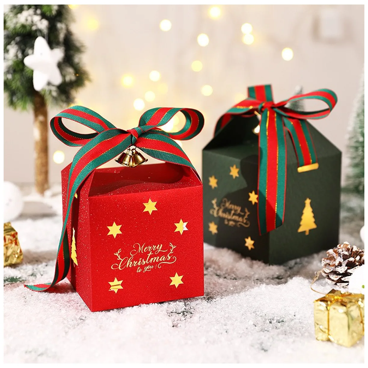 Pudełko PREZENTOWE ozdobne zielone, MERRY CHRISTMAS z kokardą 10x10x10 cm - obrazek 5