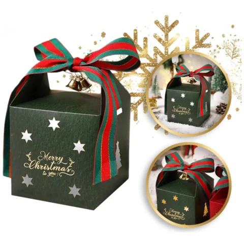 Pudełko PREZENTOWE ozdobne zielone, MERRY CHRISTMAS z kokardą 10x10x10 cm