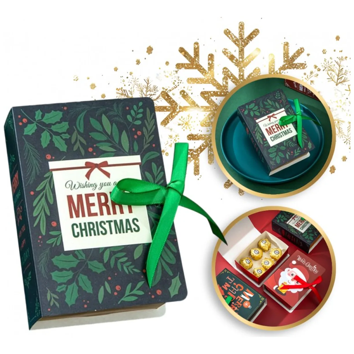 Pudełko PREZENTOWE ozdobne zielone, MERRY CHRISTMAS z kokardą 13x9x4,5 cm