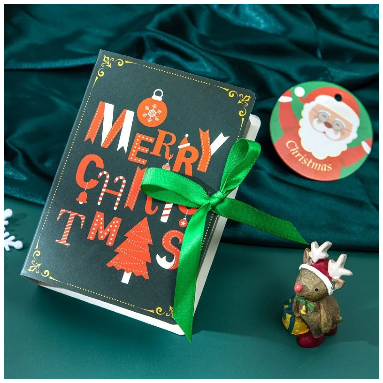Pudełko PREZENTOWE ozdobne zielone, MERRY CHRISTMAS z kokardą 13x9x4,5 cm - obrazek 2