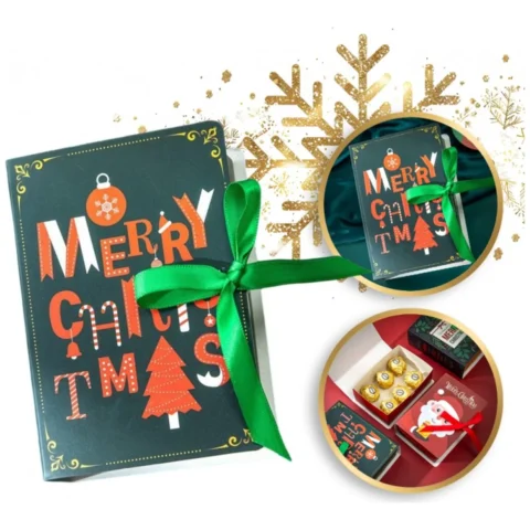 Pudełko PREZENTOWE ozdobne zielone, MERRY CHRISTMAS z kokardą 13x9x4,5 cm