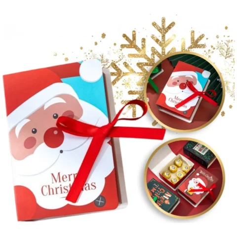 Pudełko PREZENTOWE ozdobne czerwone z Mikołajem, MERRY CHRISTMAS z kokardą 13x9x4,5 cm