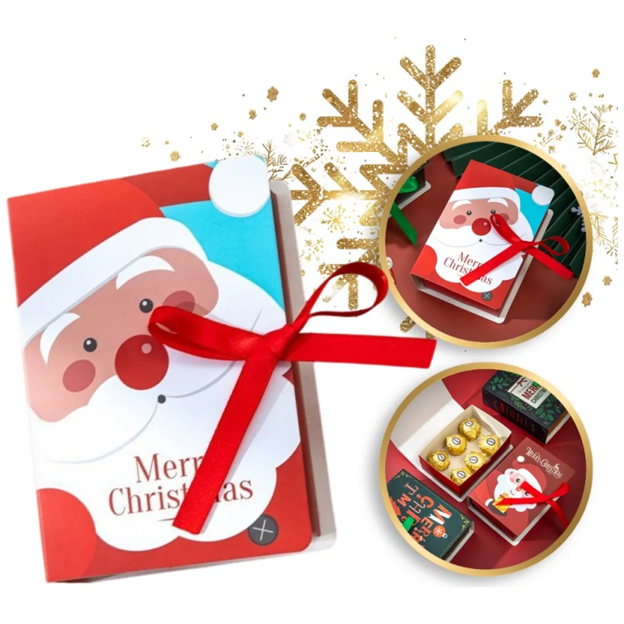 Pudełko PREZENTOWE ozdobne czerwone z Mikołajem, MERRY CHRISTMAS z kokardą 13x9x4,5 cm