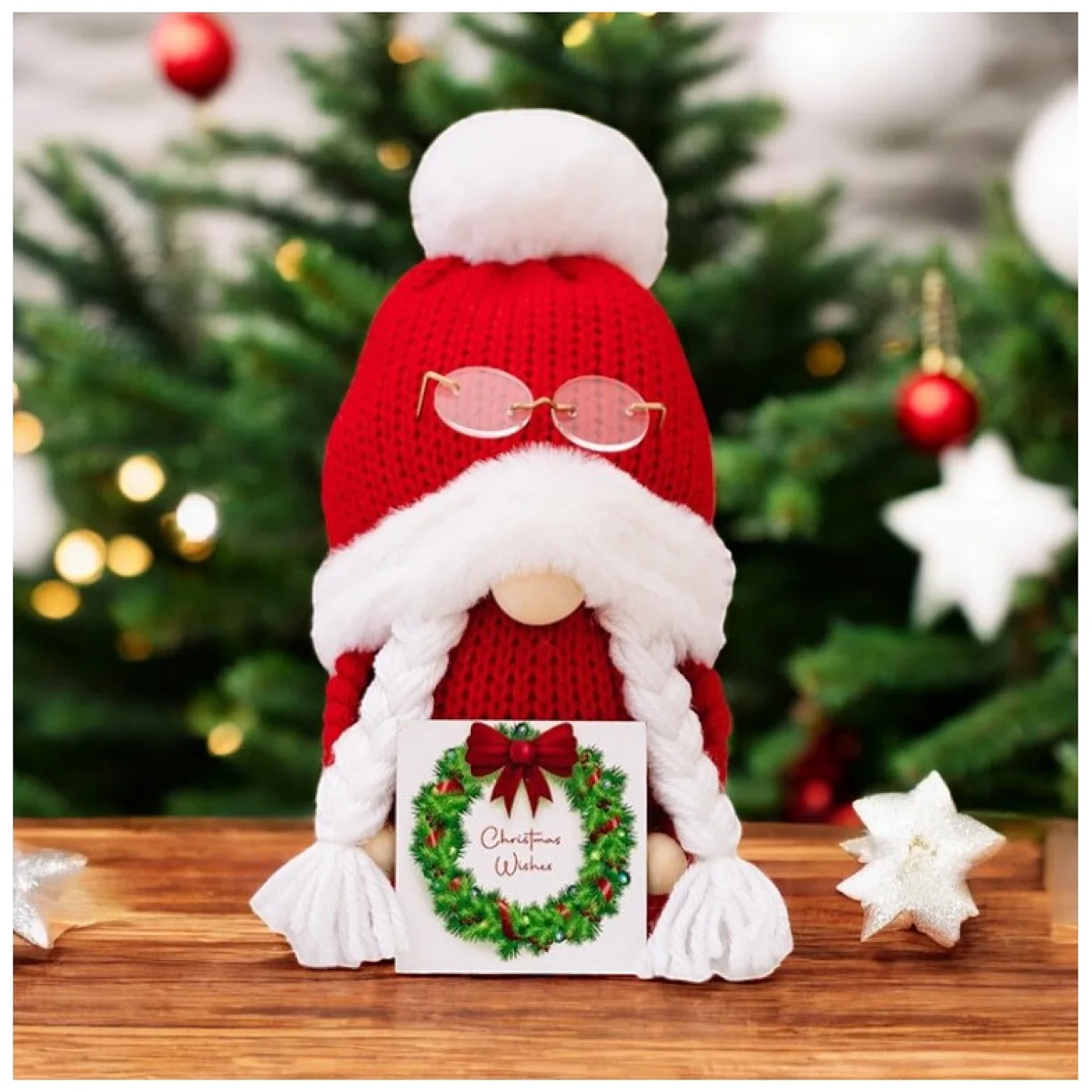Krasnal Skrzat stojący czerwony w okularach Boże Narodzenie 24cm - obrazek 7