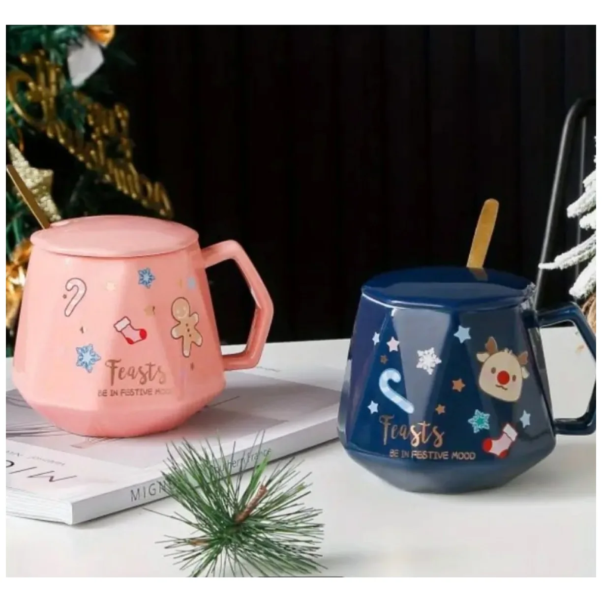 KUBEK ŚWIĄTECZNY - zestaw w pudełku z pokrywką i łyżeczką 225 ml, różowy - obrazek 3