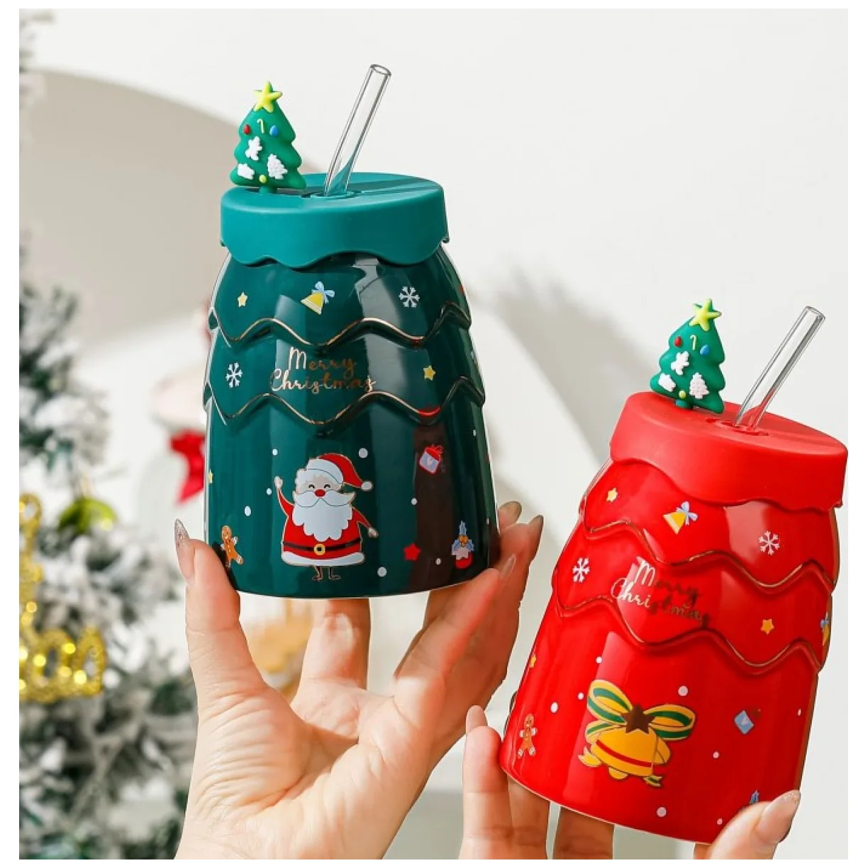 Kubek świąteczny ceramiczny z silikonową pokrywką i rurką czerwony 400 ml - obrazek 5