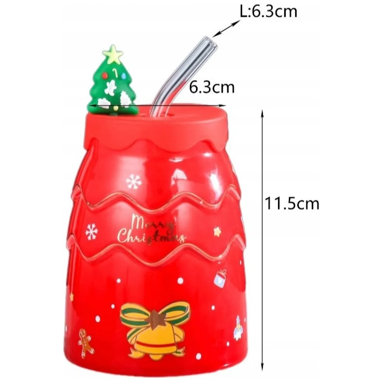 Kubek świąteczny ceramiczny z silikonową pokrywką i rurką czerwony 400 ml - obrazek 7