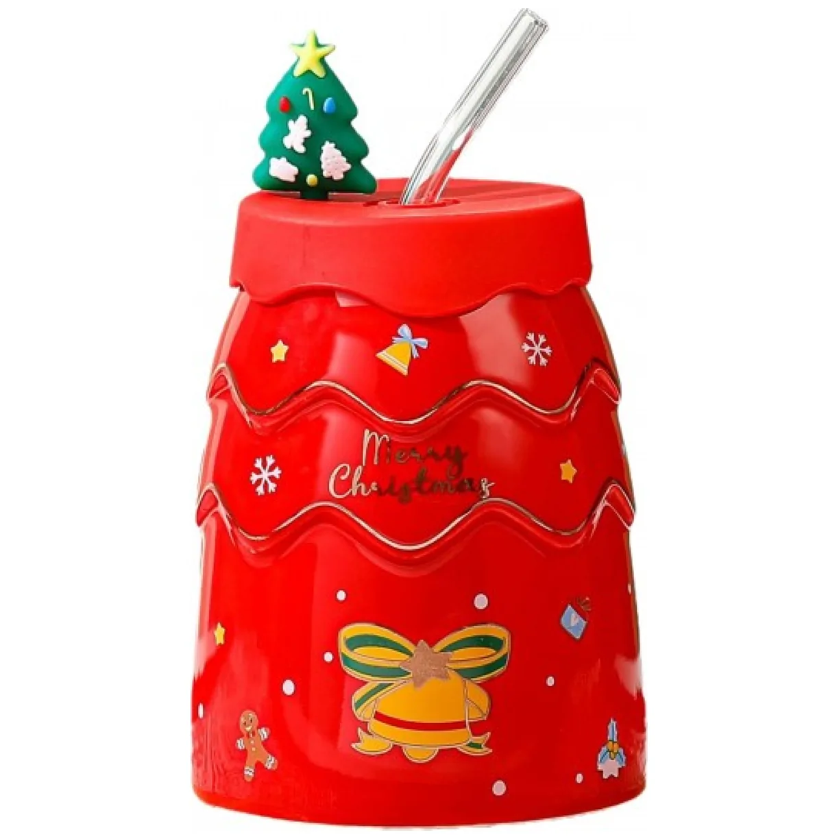 Kubek świąteczny ceramiczny z silikonową pokrywką i rurką czerwony 400 ml - obrazek 8