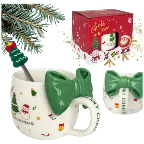 Kubek ceramiczny na Boże Narodzenie z kokardą i łyżeczką 400 ml