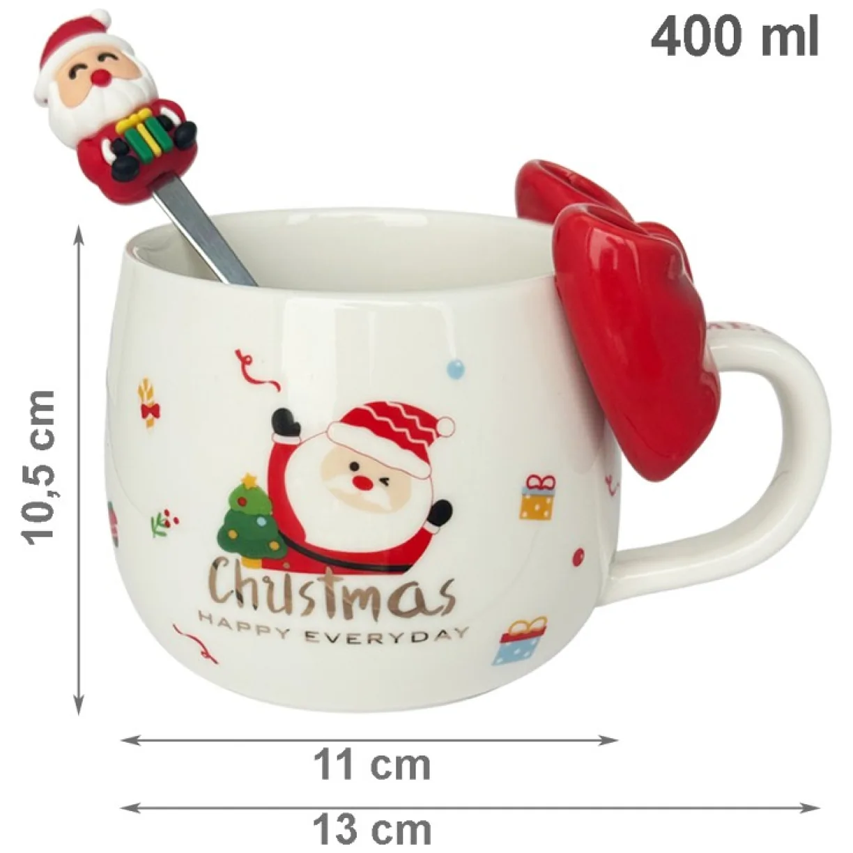 KUBEK ŚWIĄTECZNY Z KOKARDĄ - zestaw w pudełku z łyżeczką 400 ml - obrazek 3