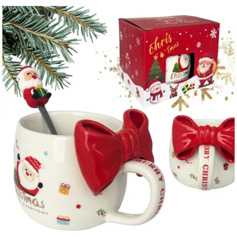 KUBEK ŚWIĄTECZNY Z KOKARDĄ - zestaw w pudełku z łyżeczką 400 ml