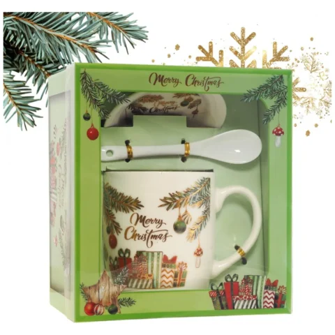 Świąteczny kubek ceramiczny z zaparzaczem i łyżeczką - zestaw w pudełku, zielony, 400 ml
