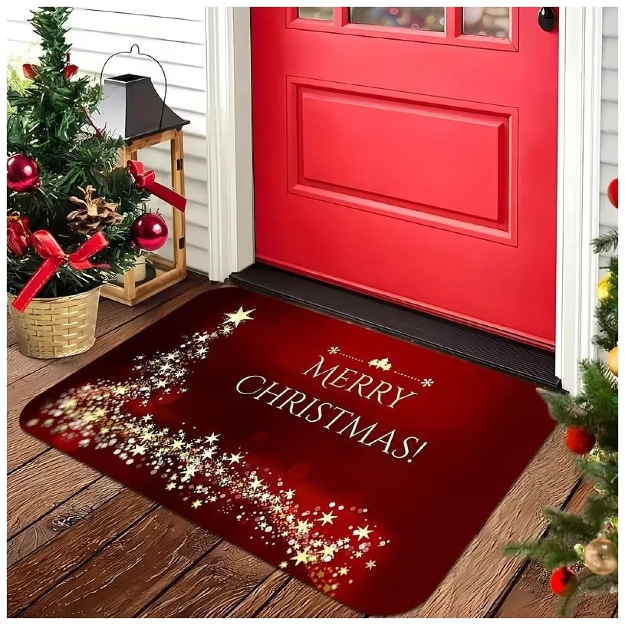 Dywanik wycieraczka świąteczna MERRY CHRISTMAS, czerwona w gwiazdki 60x90cm - obrazek 2