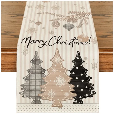 Lniany bieżnik na stół bożonarodzeniowy, MARRY CHRISTMAS, choinki 180 x 33cm