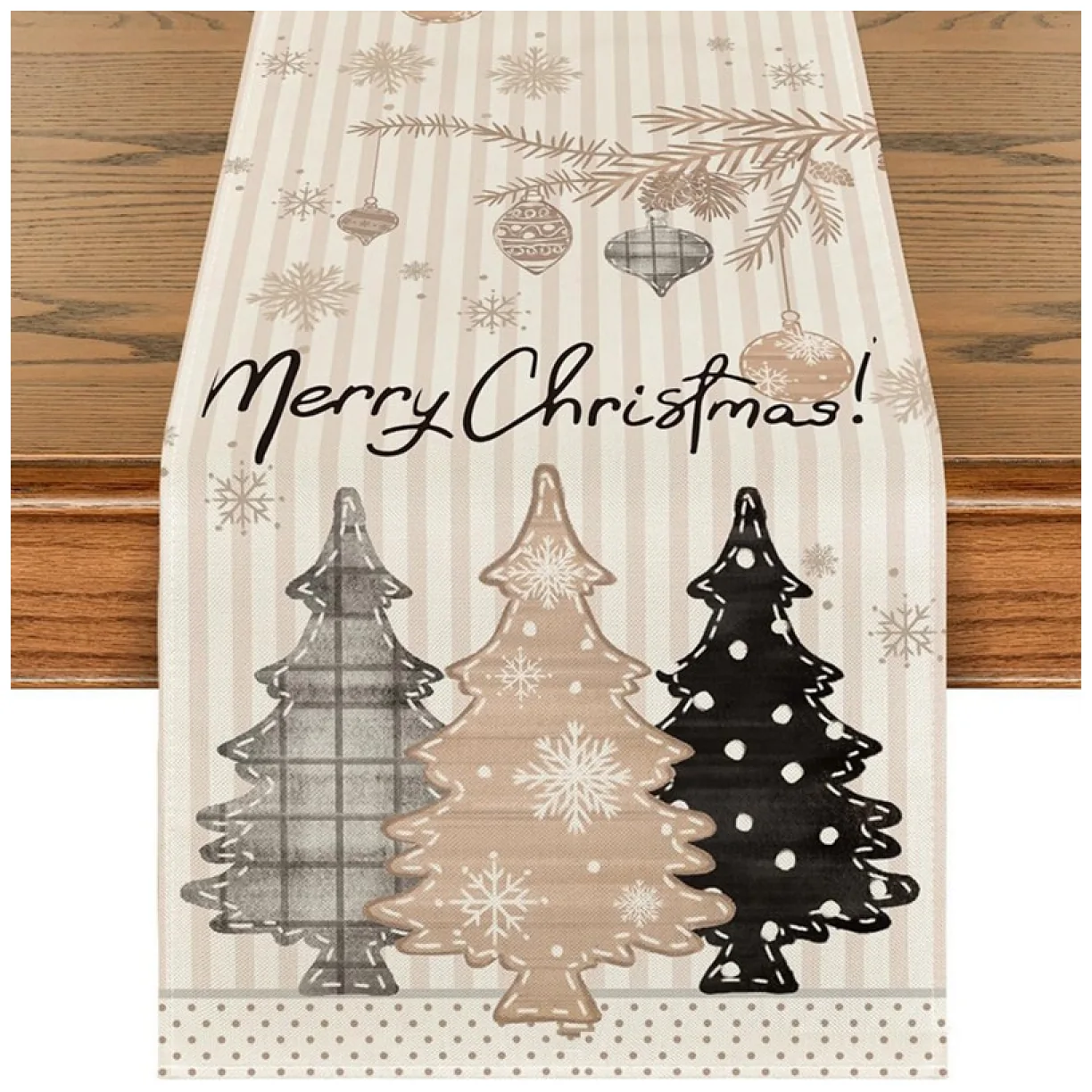 Lniany bieżnik na stół bożonarodzeniowy, MARRY CHRISTMAS, choinki 180 x 33cm