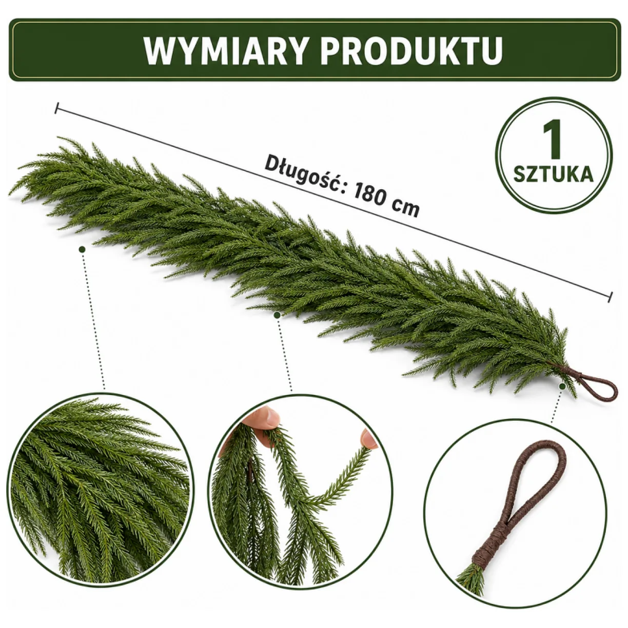Długa girlanda świąteczna 180 cm zielona sztuczna choina naturalny wygląd na drzwi - obrazek 5