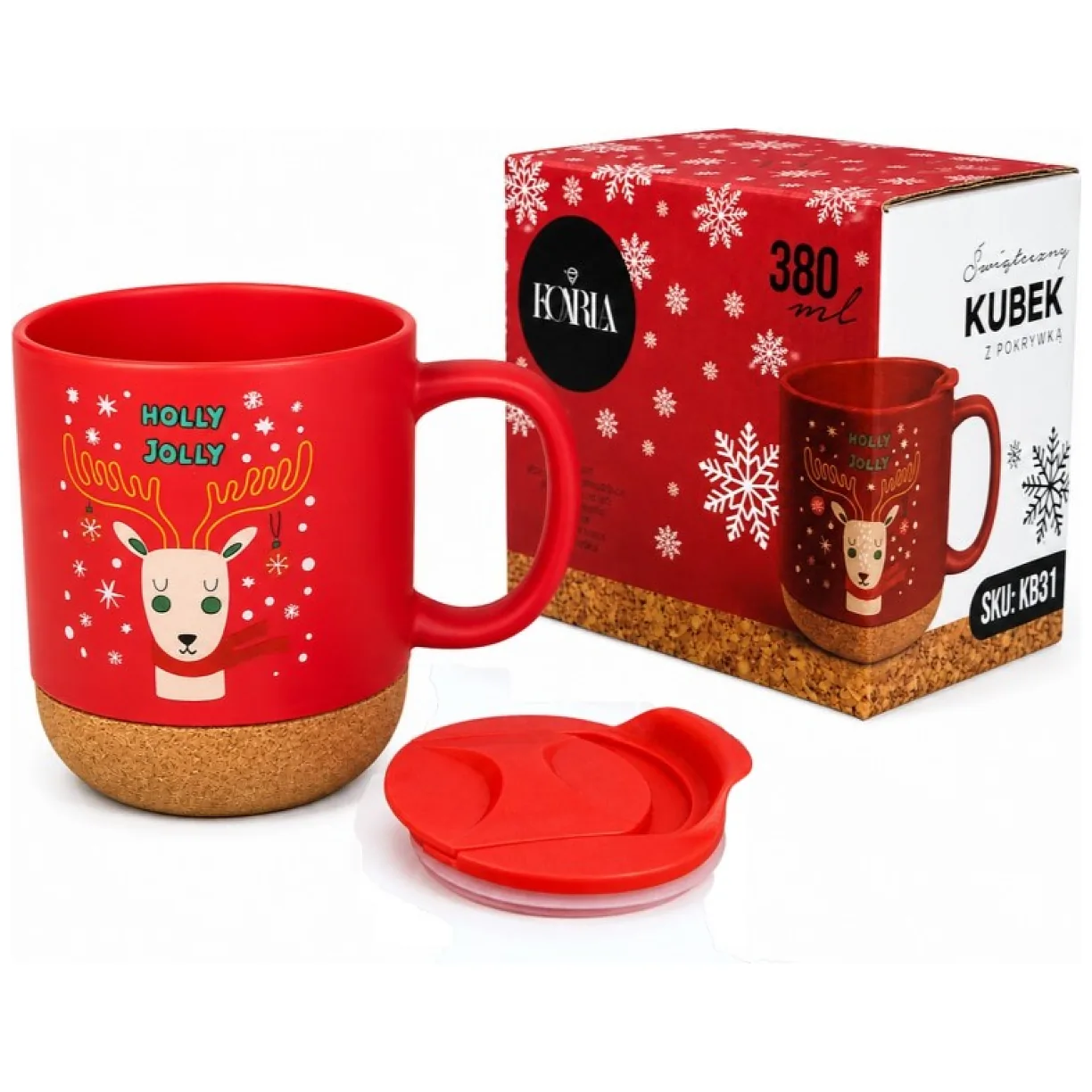 Świąteczny Kubek ceramiczny z korkiem 380 ml z przykrywką, w pudełku - obrazek 2