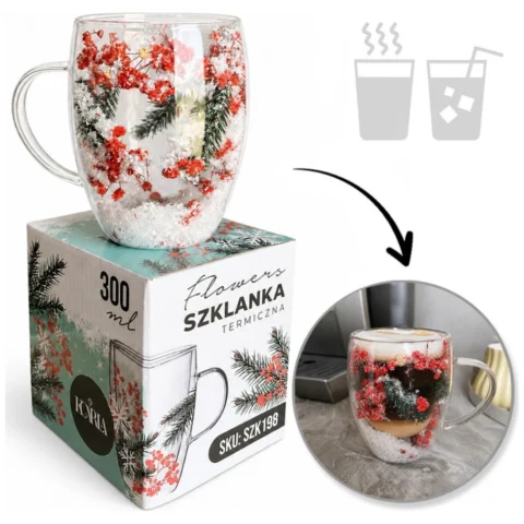 Szklanka termiczna z kwiatami w środku, akcenty świąteczne, śnieg 300 ml 1szt