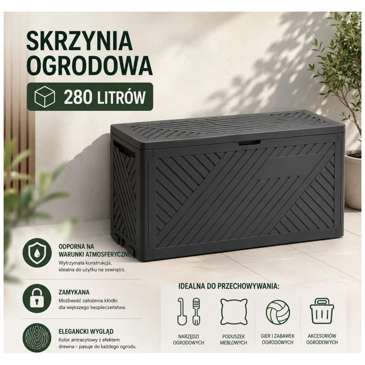 Skrzynia ogrodowa, balkonowa, kufer z siedziskiem, duża 280L, mocna antracyt - obrazek 7