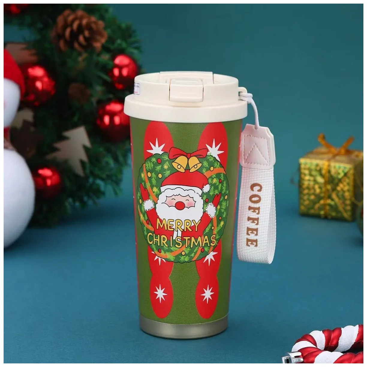 Świąteczny kubek termiczny 550ml z uchwytem i ustnikiem, MERRY CHRISTMAS - obrazek 2